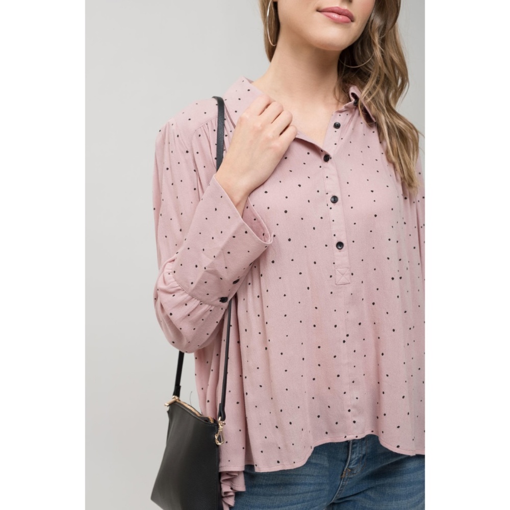 Collared Polka Dot Top with Button Detail Mauve - Picture 5 of 6